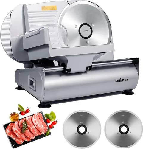 Rebanadora de Carne, CUSIMAX Rebanadora Eléctrica de Delicatessen con Dos Cuchillas Extraíbles de Acero Inoxidable de 7.5" y Empujador, Cortador de