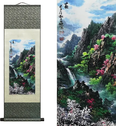 AtfArt Decoración de pared asiática, hermosa pintura de pergamino de seda de paisaje de cuatro estaciones, verano, otoño, invierno y primavera, F1