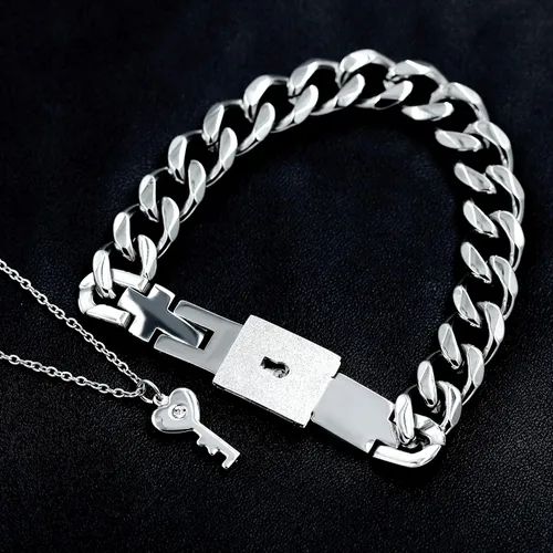 Miniatura 3 de Uloveido Juego de collar con colgante de llave de acero de titanio y pulsera cuadrada para parejas, regalos de valetines, Metal, circonita cúbica