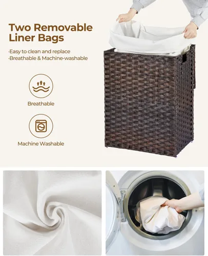 Miniatura 4 de GREENSTELL - Cesta de ropa con tapa, 90 l, con 2 bolsas extraíbles y 2 bolsas de malla, cesto de ratán sintético tejido a mano para ropa, juguetes