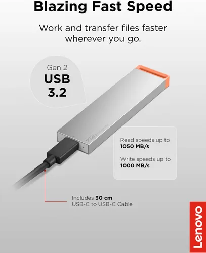 Miniatura 2 de Lenovo PS8S SSD portátil de 2 TB, hasta 1050 MB/s de lectura, escritura de 1000 MB/s, USB 3.2 USB-C, cuerpo de aluminio delgado y ligero