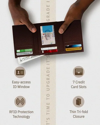 Miniatura 15 de Billetera de triple pliegue con RFID, cuero genuino, delgado, con ventana de identificación, bolsillo frontal, regalo para hombre