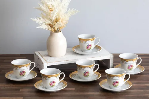 Miniatura 6 de Juego de té de porcelana, 12 piezas, elegante diseño floral blanco con borde dorado – Platillos de 5.5 pulgadas, tazas de 6.5 onzas – para fiestas