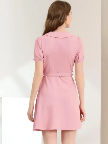Miniatura 5 de Allegra K Vestido de mujer con cuello en V y manga corta abombada, cuello vuelto, Rosado