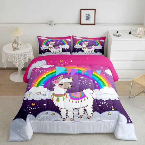 Erosebridal Juego de edredón arcoíris para niños y niñas, bonito juego de ropa de cama de llama tamaño individual, juegos de edredón de alpaca de