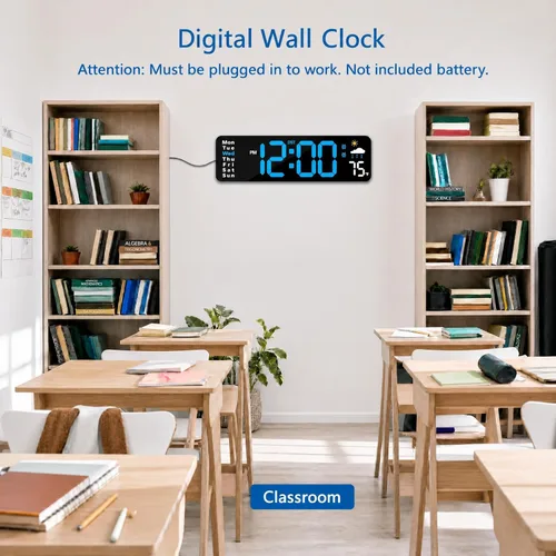 Miniatura 5 de Reloj de pared digital con control remoto para decoración de pared interior (azul) Large Display Plug in LED Digital Alarm Clocks with 12/24Hr