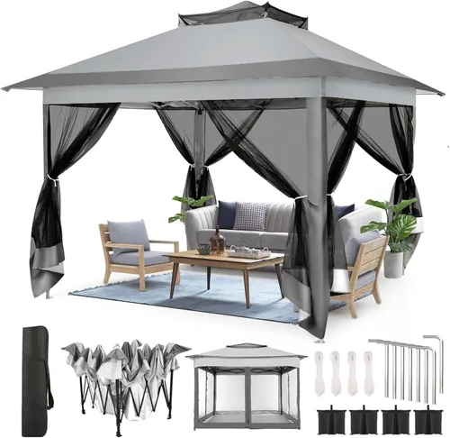Miniatura 16 de COBIZI - Tienda desplegable de 3,66 x 3,66 metros en oferta - Cenador portátil de metal para exteriores con mosquitero, impermeable - Cenador Caqui