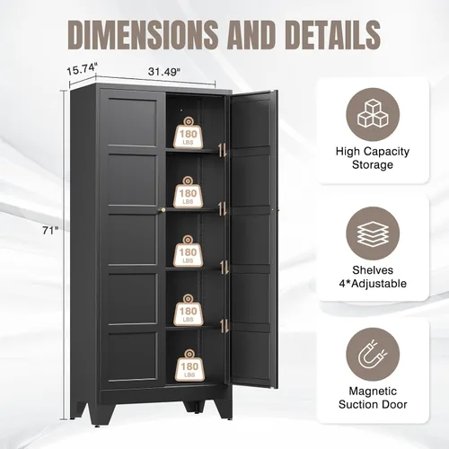 Miniatura 2 de Yizosh - Gabinete de almacenamiento de metal con 2 puertas y 4 estantes ajustables - Gabinete de almacenamiento de cocina de 71 pulgadas color Negro