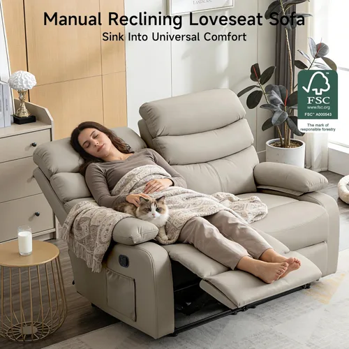 Miniatura 7 de Sofá biplaza reclinable, sofá reclinable doble de cuero con bolsillo lateral, sofá biplaza reclinable de pared para sala de estar, caravana, cine