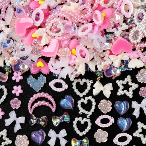 Miniatura 11 de COOSLIM 110 dijes de uñas 3D para uñas acrílicas, flor de camelia, rosa, mariposa, lazo, corazón, oso, conejo, estrella, para diseños de uñas, Negro
