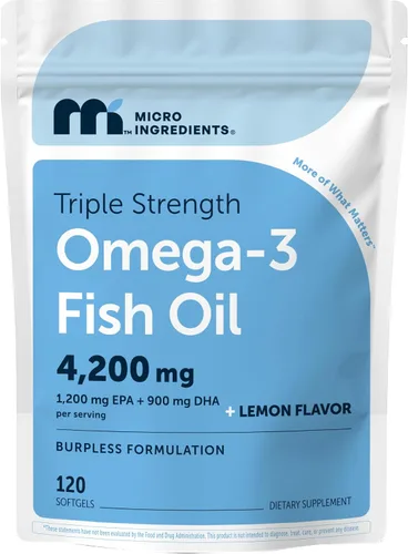Micro Ingredients Suplementos de aceite de pescado Omega 3 de triple fuerza, 4200 mg por porción, 120 cápsulas blandas, sabor a limón, sin