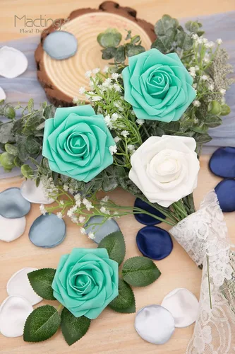 Miniatura 6 de MACTING - Rosas artificiales de tacto real de 30 piezas con tallo, flores de espuma de color verde menta, para ramos de boda, centros de mesa