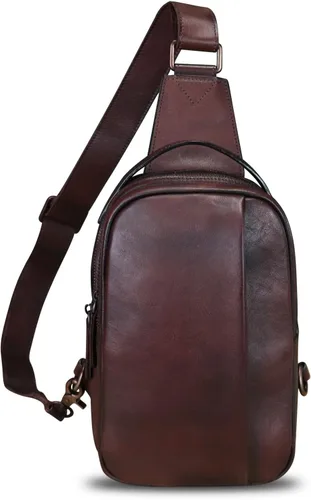 Miniatura 2 de LRTO Bolso de cuero genuino para hombres y mujeres, mochila bandolera de cuero real para el pecho, bolso cruzado, Café, Mochilas Sling