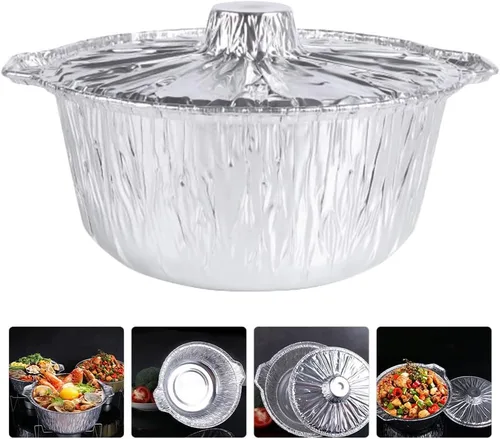 Miniatura 3 de ABOOFAN Sartén redonda de aluminio con tapas Ollas de papel de aluminio de 13 pulgadas Contenedor de alimentos desechable para microondas Contenedor