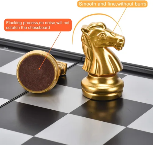 Miniatura 6 de Juego de mesa de backgammon magnético 3 en 1 con tablero plegable de 12.5 pulgadas para niños y adultos (Ajedrez: oro y plata)