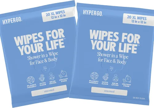 HyperGo Toallitas corporales XL para mujeres y hombres – Toallitas limpiadoras de cuerpo completo sin enjuague de 12 x 12 pulgadas, 2 – 20 paquetes