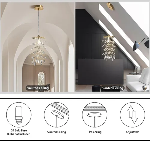 Miniatura 6 de YUYI Lámpara colgante de cristal de 8.3 pulgadas para isla de cocina, modernos candelabros de rama de árbol dorados, lámpara colgante redonda