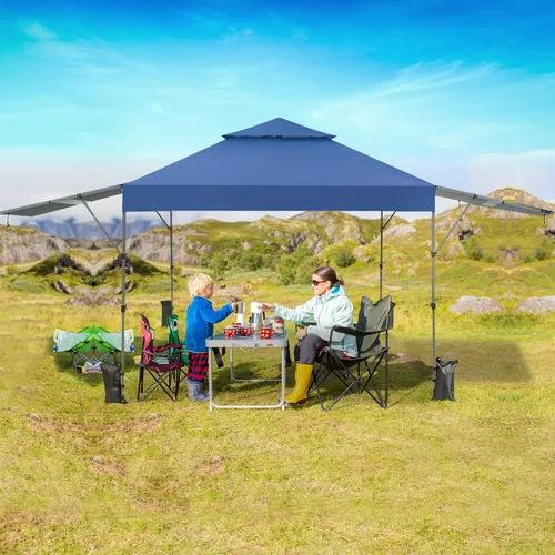 Miniatura 2 de Tangkula Toldo desplegable de 10 x 17.6 pies con toldos dobles ajustables, tienda de campaña para exteriores de 2 niveles con 8 estacas, 4 cuerdas
