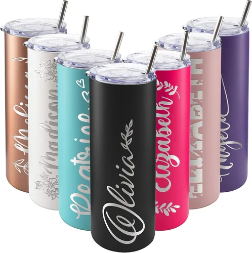 Miniatura 32 de Vasos delgados personalizados con tapa, regalos para ella de 20 onzas, rosa intenso, 12 diseños, vaso grabado personalizado con nombre, tazas Rosa