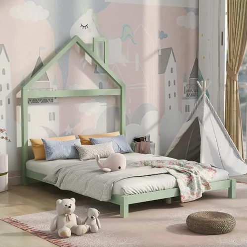 Miniatura 13 de Cama de plataforma de madera de tamaño individual con cabecero y cercas en forma de casa, sin tablillas, cama de piso para dormitorio de niños Verde