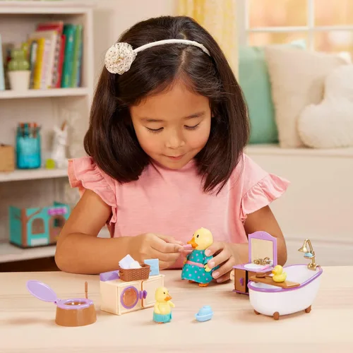 Miniatura 2 de Li'l Woodzeez – Juego de muebles para casa de muñecas – 2 figuras articulables – Juguete de casa de juegos de baño y lavandería – Juego de rol