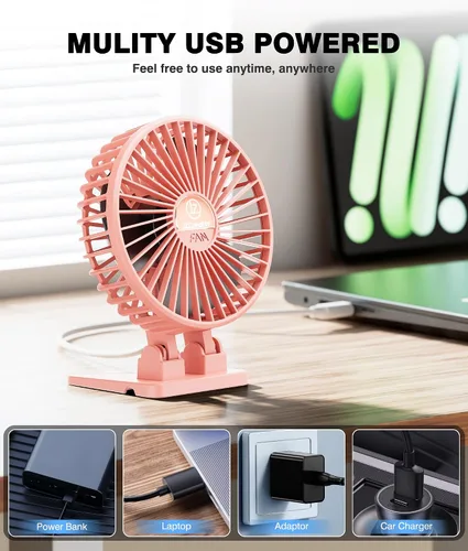 Miniatura 6 de JZCreater Ventilador de escritorio USB, ventilador mini portátil, 3 velocidades de enfriamiento de escritorio y mesa, enchufe de alimentación, Rosa