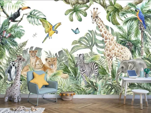 Miniatura 14 de Pegatinas de pared de animales de selva de plantas verdes tropicales, murales de pared personalizados para dormitorios, salas de estar, oficinas