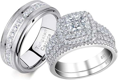 Newshe Jewellery Juego de anillos de boda para él y ella, bandas de tungsteno AAAAA, circonita cúbica, 2.3 quilates, plata de ley 925, tamaño 5-13