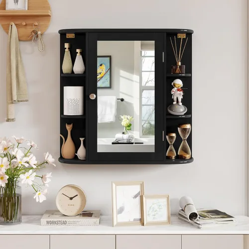 Miniatura 5 de Tangkula Botiquín de baño con espejo, almacenamiento para el hogar montado en la pared con puerta y 6 estantes abiertos, estantes ajustables, Negro