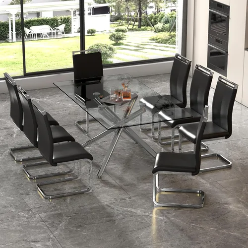 Miniatura 34 de Juego de 8 mesas de comedor de cristal, moderno juego de mesa de comedor de 71 pulgadas con 8 sillas de comedor tapizadas de piel sintética