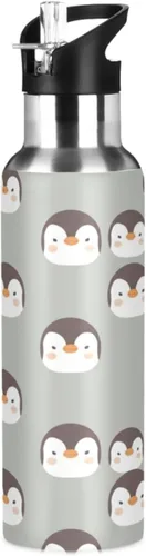 Cute Penguins Face Gray Insulated Stainless Steel Water Bottle with Straw 20 Oz, BPA-Free Sport Water Bottle Insulated Leakproof Water Bottles