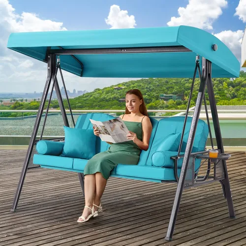 Miniatura 17 de Columpio de porche para exteriores 3 en 1 con toldo ajustable, columpio de 3 asientos para adultos, columpio de patio con cojines gruesos, almohadas