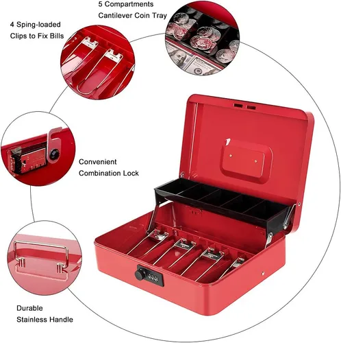 Miniatura 5 de Caja de dinero con bandeja de dinero y cerradura de combinación, caja de dinero de metal para dinero en efectivo, caja de seguridad con niveles