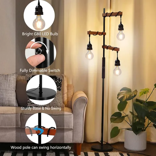 Miniatura 6 de Lámpara de pie industrial regulable, moderna lámpara de pie de árbol de granja para sala de estar, dormitorio, oficina, decoración rústica del hogar