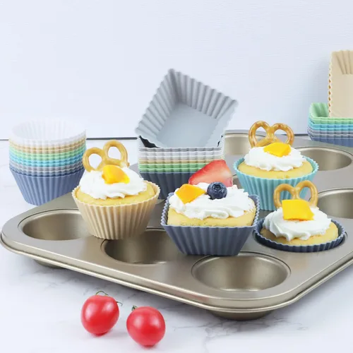 Miniatura 6 de Paquete de 12 moldes de silicona para cupcakes, moldes reutilizables para muffins – moldes redondos, cuadrados y rectangulares para hornear