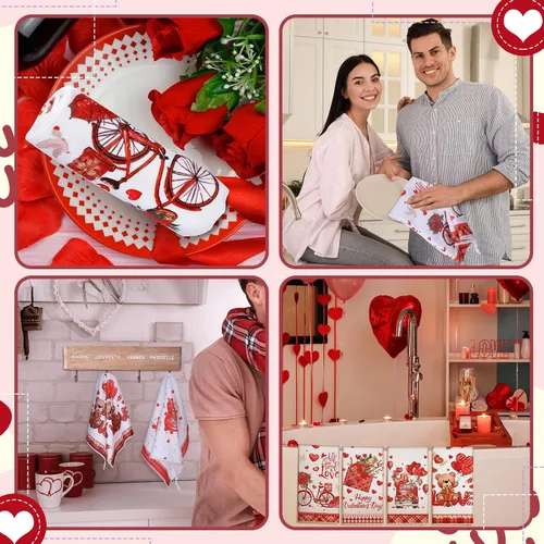 Miniatura 5 de Patelai 6 toallas de cocina para el día de San Valentín, corazones rojos, a cuadros, camión, té, baño, vacaciones, platos, 21.3 x 14.3 pulgadas