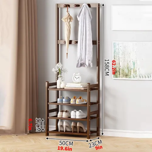 Miniatura 2 de Bamboo Clothes Rack, Clothing Rack with Bottom Shelves and Hook, Freestanding Garment Racks, Open Coat Racks for Hallway Brown