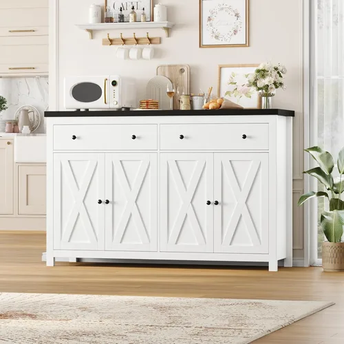 Miniatura 5 de FOTOSOK Aparador Buffet con Almacenamiento, Gabinete de Almacenamiento de Cocina Grande de 55" con 2 Cajones y 4 Puertas, Gabinetes de Barra de Café