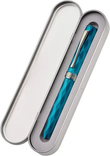 Miniatura 3 de HONG DIAN N11 Pluma estilográfica, punta extrafina suave recubierta de titanio en color negro, diseño geométrico azul pavo real y rombo con estuche