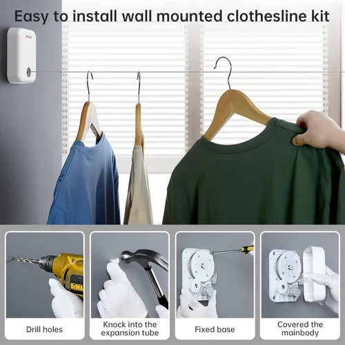 Miniatura 5 de Mbillion Tendedero retráctil para interiores y exteriores, línea de ropa resistente para secar la ropa, línea de ropa colgante retráctil