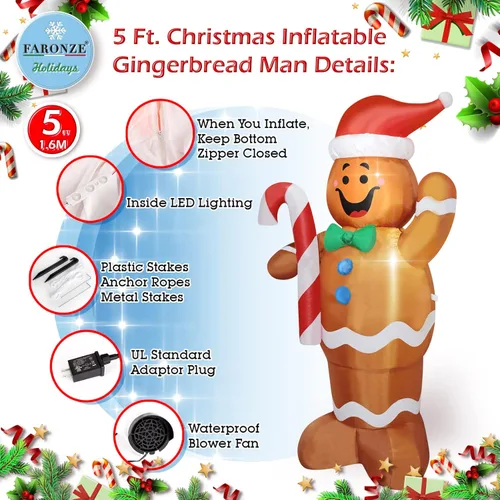 Miniatura 4 de Hombre de Jengibre Inflable de Navidad Iluminado para Interiores y Exteriores Decoración de Patio Navideña Inflable con Ventilador Integrado