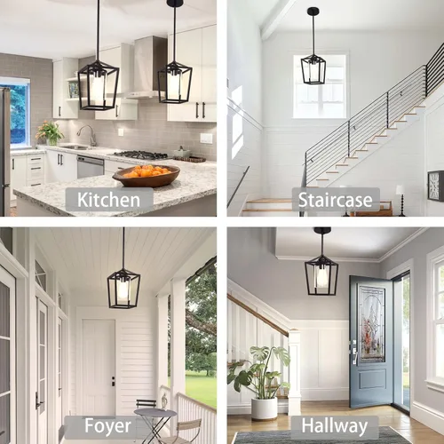 Miniatura 2 de Luces colgantes negras para isla de cocina, lámparas de 1 luz, iluminación de isla de granja, lámpara colgante de linterna para pasillo, vestíbulo