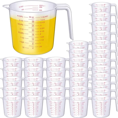 Kanayu 36 tazas medidoras de plástico transparentes con boquilla y asa de capacidad de agarre, jarra graduada transparente para líquidos de agua y