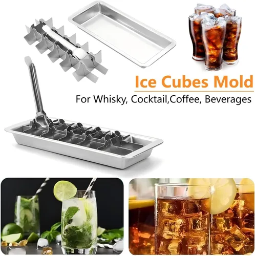 Miniatura 4 de 2 juegos de bandejas de metal para cubitos de hielo, bandejas de cubitos de hielo de acero inoxidable, bandeja para cubitos de hielo de 18 ranuras