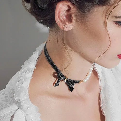 Miniatura 3 de Cowlyn Collar de lazo medio barroco cultivado perla gargantilla enlace cadena corto collar declaración joyería para mujeres niñas