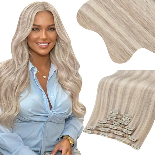 Miniatura 18 de Moresoo Extensiones de cabello humano Remy con clip, color rubio platino, extensiones de cabello humano real de doble trama, color rubio #60, 18
