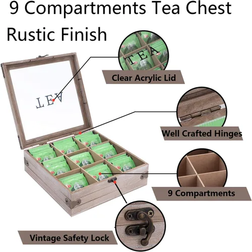 Miniatura 5 de Organizador de caja de té, almacenamiento rústico para bolsitas de té, soporte para bolsas de té para paquetes de cápsulas de azúcar y más, elegante