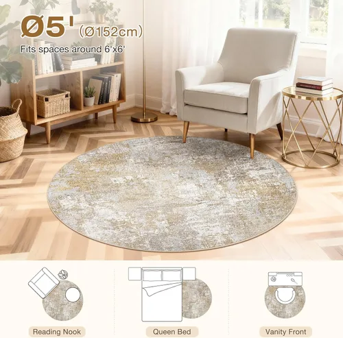 Miniatura 8 de Tortania Alfombra redonda lavable de 5 pies para sala de estar: Alfombra moderna abstracta neutra grande suave y delgada – Alfombra antideslizante
