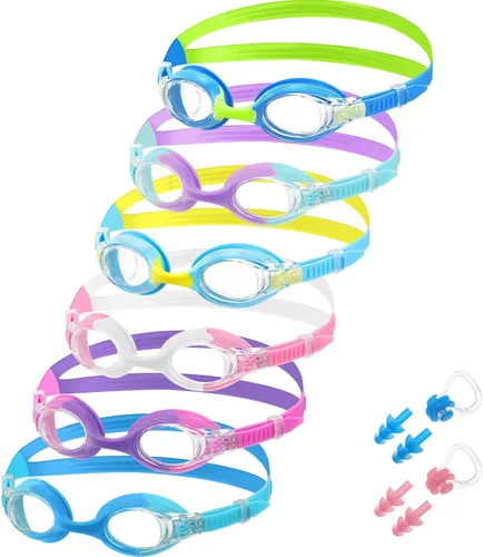 Miniatura 9 de Macarrie 6 gafas de natación para niños, sin fugas, antiniebla, para niños y niñas, con clip para la nariz, tapones para los oídos, de 3 a 14 años