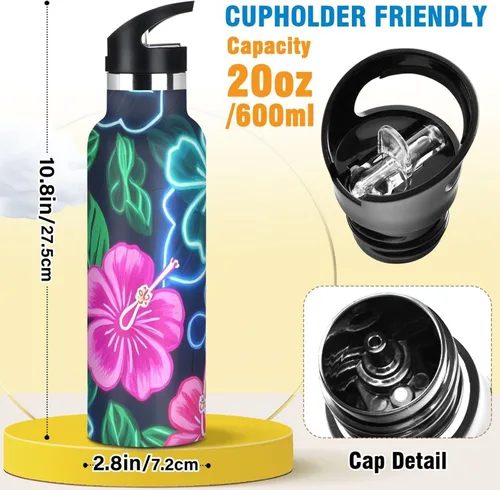 Miniatura 2 de Summer Neon Hibiscus Frangipani Flower - Botella de agua ligera con aislamiento deportivo con asa, para bebidas calientes y frías, doble pared